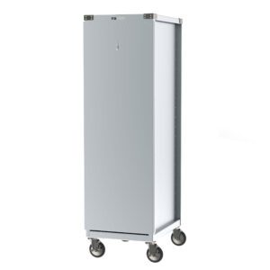 The Metro CD4N CD Series Bun Pan Delivery/Storage Cabinet features a sleek, tall gray metal design with 40 pan capacity, wheels for mobility, a flat top, riveted edges, and a lockable mechanism for secure storage.