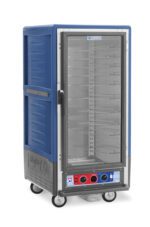 The Metro C537-CFC-U-BUA C5 3 Series is a blue, 3/4 height insulated holding/proofing cabinet with a full-length clear door and universal wire slides. Powered by 120V, it has wheels for mobility, ideal for transporting or warming food.