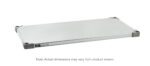 The Metro 1824FG Super Erecta Solid Shelf, crafted from galvanized steel, features a silver finish and sturdy black corner protectors. Measuring 18 x 24, it showcases a label and logo on the front. Note: Actual dimensions may vary from product shown.
