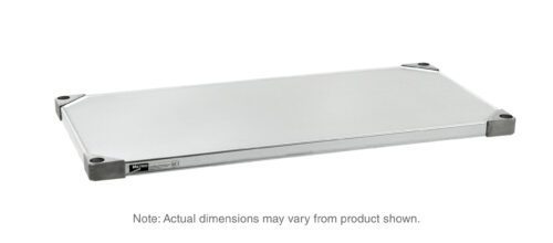 The Metro 1824FG Super Erecta Solid Shelf, crafted from galvanized steel, features a silver finish and sturdy black corner protectors. Measuring 18 x 24, it showcases a label and logo on the front. Note: Actual dimensions may vary from product shown.