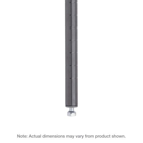 Close-up of the lower half of a 74 H cylindrical gray metal post with an adjustable round metallic base. The background is white, with small text reading: Note: Actual dimensions may vary from product shown. Perfect for Metro 74P-DSG Super Erecta SiteSelect Industrial Wire Shelving.