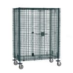 The Metro SEC55DK3 Super Erecta Mobile Security Shelving Unit, coated in Metroseal Green Epoxy and measuring 27.25 x 52.75 x 67.9375, is a secure metal wire storage cage on wheels with a latch for safely transporting or storing items against a plain background.