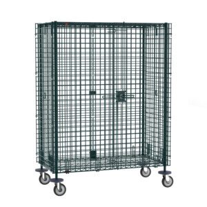 The Metro SEC55DK3 Super Erecta Mobile Security Shelving Unit, coated in Metroseal Green Epoxy and measuring 27.25 x 52.75 x 67.9375, is a secure metal wire storage cage on wheels with a latch for safely transporting or storing items against a plain background.