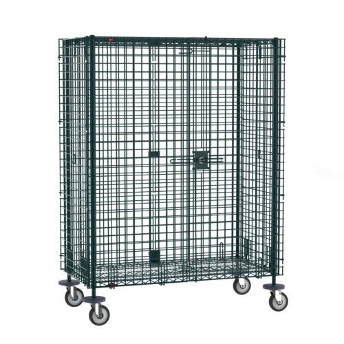 The Metro SEC55DK3 Super Erecta Mobile Security Shelving Unit, coated in Metroseal Green Epoxy and measuring 27.25 x 52.75 x 67.9375, is a secure metal wire storage cage on wheels with a latch for safely transporting or storing items against a plain background.