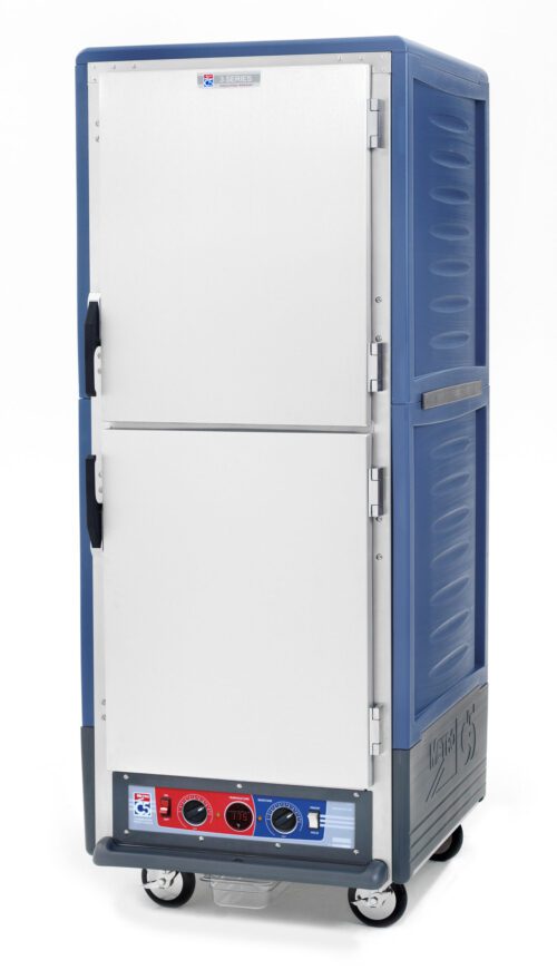 The Metro C539-CXDS-L-BU C5 3 Series Cabinet, a full height insulated holding/proofing unit with Dutch solid doors and lip load aluminum slides, features four caster wheels. This blue warming unit keeps food at temperature during transport.