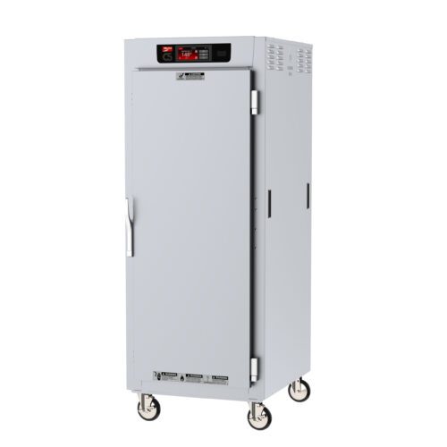 The Metro C589X-SFS-UPFS C5 8 Series Insulated Pass-Thru Holding Cabinet is a full-height, gray unit on wheels with a solid door. It features universal wire slides and an easy-to-use digital control panel, making it perfect for any professional kitchen.