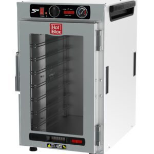 The Metro HBCN8-AC-CT HotBlox Narrow 8-Pan Insulated Countertop/Stacking Holding Cabinet has a clear door, an analog controller, and runs on 120V. It features metal shelves, side handles, and a top control panel with a temperature dial and power switch.