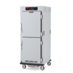 The Metro C599L-SDS-U C5 9 Series is a full-height, industrial stainless steel heated holding and proofing cabinet on wheels, featuring Dutch solid doors with handles, digital controls in the top section, ventilation slots on the top panel, and universal wire slides. 120V, 60Hz, 1440W.