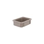 The Metro TB91035NAT Polypropylene Tote in natural gray is a small, rectangular container measuring 8.25 x 10.875 x 3.5, featuring raised edges, a smooth interior with ribbed sides, and a flat base for easy stacking or storage.