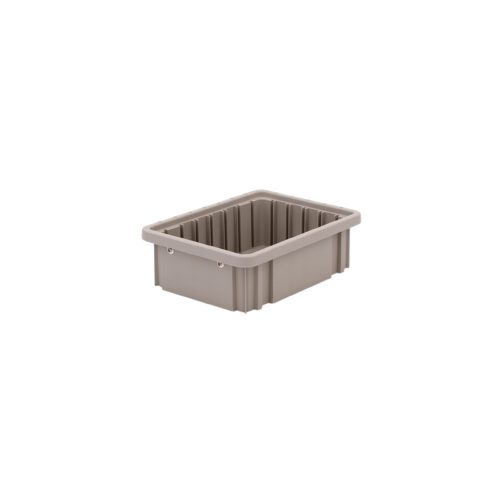 The Metro TB91035NAT Polypropylene Tote in natural gray is a small, rectangular container measuring 8.25 x 10.875 x 3.5, featuring raised edges, a smooth interior with ribbed sides, and a flat base for easy stacking or storage.