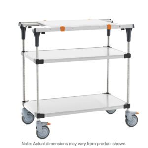 The Metro MS1848-FSFS-PK1 PrepMate MultiStation 48 prep station has solid stainless steel top/bottom shelves supported by sturdy stainless steel posts. It features a metal frame with black and orange accents, white shelves, and four gray swivel wheels for mobility. Actual dimensions may vary slightly.