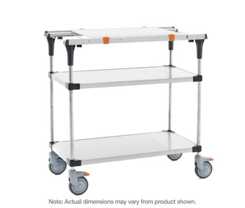 The Metro MS1848-FSFS-PK1 PrepMate MultiStation 48 prep station has solid stainless steel top/bottom shelves supported by sturdy stainless steel posts. It features a metal frame with black and orange accents, white shelves, and four gray swivel wheels for mobility. Actual dimensions may vary slightly.