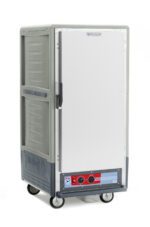 The Metro C537-HLFS-4-GYA C5 3 Series Insulated Holding Cabinet is a gray 3/4 height transport cart with fixed wire slides, solid door, sturdy handle, bottom control knobs, and mobile wheels. It features textured panels and operates efficiently at 120V and 60Hz.