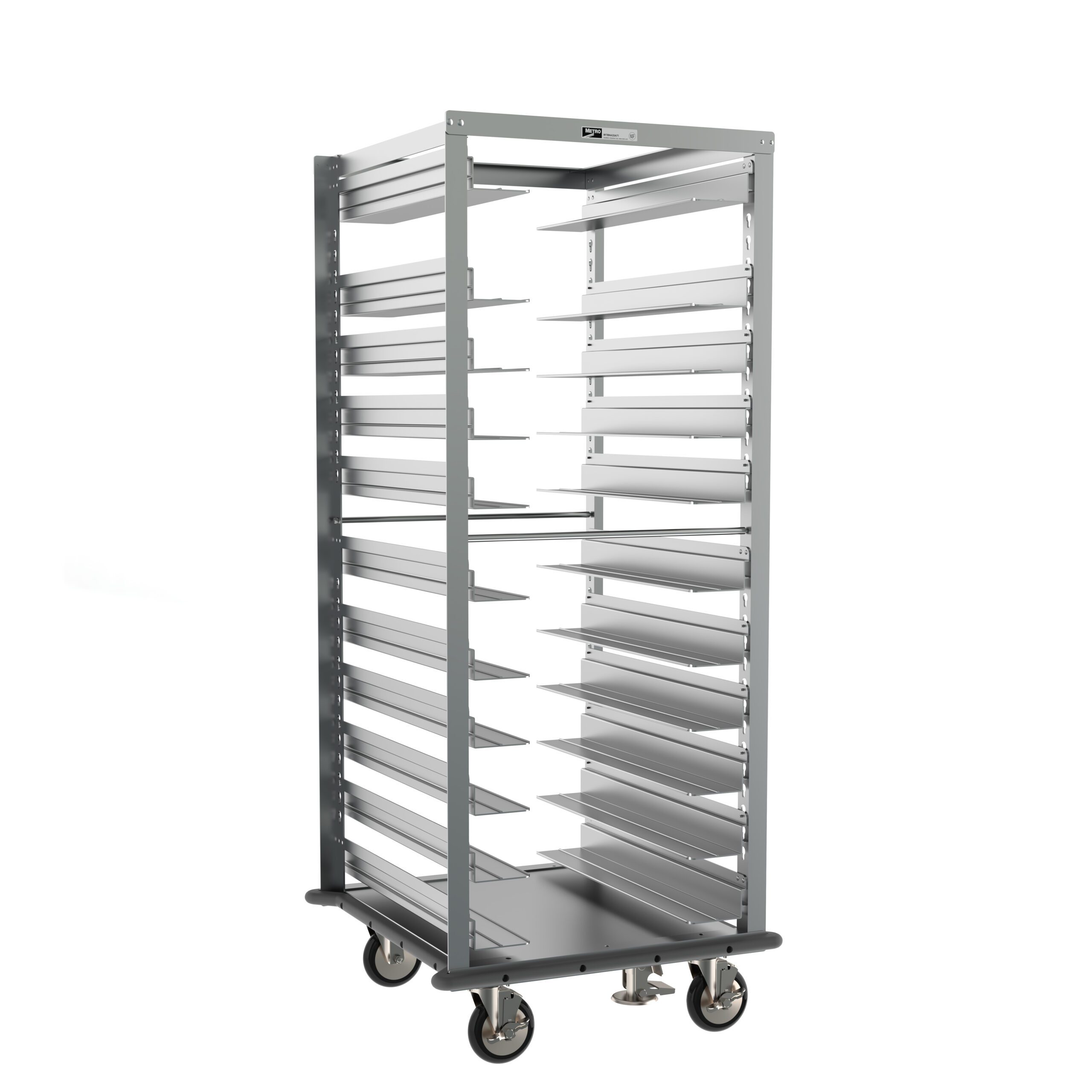 Roll-In Refrigerator Adjustable Pan Racks with Gray Continuous Bumper and Floor Lock