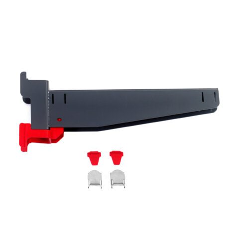 87wzy4j1grosxh8gbq9ggwsgv71zvrn7.jpg The Metro SMA14A-ADD SmartLever Arm (Single), 14, in dark gray plastic, boasts a red locking mechanism. It comes with two small red parts and two silver metal clips, all stylishly displayed on a white background.