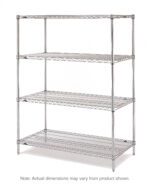 The Metro EZ2436NC-4 Super Erecta 4-Shelf Industrial Wire Shelving Convenience Pak, featuring a chrome finish and sturdy four-tier design, measures 24 x 36 x 74. Dimensions may differ slightly from those shown against a plain white background.