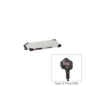 The Metro HSX1424-UK Super Erecta Hot shelf, 14 x 24, features sleek black handles and a power cord. Inset at bottom right shows a close-up of its Type G UK plug for 220-240V outlets.