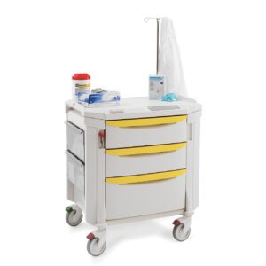 The Metro FLISO1 Flexline Isolation Cart, with three yellow drawers, is equipped with an IV pole and holds essentials like gloves, a sharps container, and tissues. Its wheels and transparent side compartments ensure easy mobility and accessibility in the hospital.