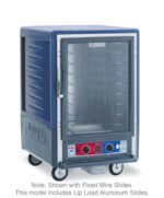 The Metro C535-CFC-L-BU C5 3 Series is a blue mobile 1/2 height heated cabinet with a full-length clear door, wheels for easy movement, and lip load aluminum slides. It operates at 120V, 60Hz, and uses 2000W power.