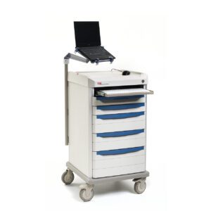 The Metro SXRCOMPBED Starsys is a mobile medical cart with a white frame, blue-accented drawers, a mounted laptop, four wheels for easy movement, and a work surface with a mouse.