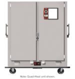 The Metro MBQ-200DX is a large, gray insulated transport cabinet on wheels with two doors, featuring a control display and side handles. This Quad-Heat unit operates optimally at 1650W, 50/60Hz with 220V efficiency.