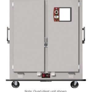 The Metro MBQ-200DX is a large, gray insulated transport cabinet on wheels with two doors, featuring a control display and side handles. This Quad-Heat unit operates optimally at 1650W, 50/60Hz with 220V efficiency.