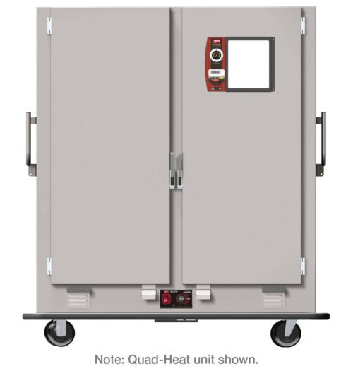 The Metro MBQ-200DX is a large, gray insulated transport cabinet on wheels with two doors, featuring a control display and side handles. This Quad-Heat unit operates optimally at 1650W, 50/60Hz with 220V efficiency.