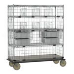 The Metro ECM56XC Super Adjustable Super Erecta Deluxe Transport and Exchange Cart, measuring 24 x 60, is industrial yet functional with a stainless steel bottom shelf, four large wheels, multiple shelves, wire cages, and gray plastic bins for versatile storage.