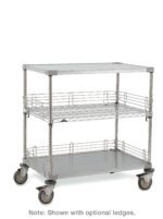 The Metro CASE-OL36 Stainless Steel Open Case Cart (24 x 36 x 39) features a sturdy design, two shelves, and four wheels. The top shelf has side ledges, while the bottom includes wire mesh with optional ledges, making it perfect for industrial or kitchen use.
