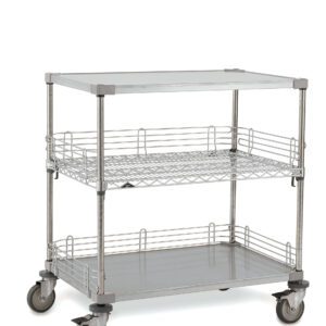The Metro CASE-OL36 Stainless Steel Open Case Cart (24 x 36 x 39) features a sturdy design, two shelves, and four wheels. The top shelf has side ledges, while the bottom includes wire mesh with optional ledges, making it perfect for industrial or kitchen use.