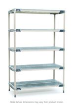 The MetroMax i 5X517GX3 Shelving Unit features a five-tier design with adjustable perforated blue shelves and a gray frame. It measures 24 x 24 x 74 and is free-standing against a white backdrop. Note: Actual dimensions might vary.
