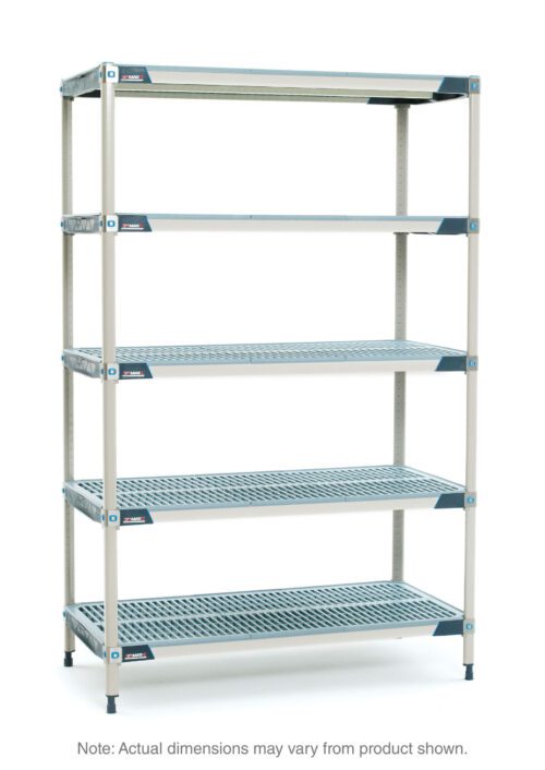 The MetroMax i 5X517GX3 Shelving Unit features a five-tier design with adjustable perforated blue shelves and a gray frame. It measures 24 x 24 x 74 and is free-standing against a white backdrop. Note: Actual dimensions might vary.