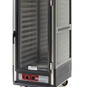 The Metro C537-HFC-L-GYA C5 3 Series Insulated Holding Cabinet features a 3/4 height full-length clear door for easy visibility, lip load aluminum slides, and wheels for mobility. It operates at 120V and 60Hz to keep food warm during transport.