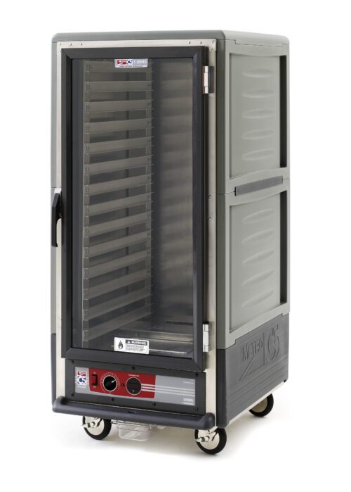 The Metro C537-HFC-L-GYA C5 3 Series Insulated Holding Cabinet features a 3/4 height full-length clear door for easy visibility, lip load aluminum slides, and wheels for mobility. It operates at 120V and 60Hz to keep food warm during transport.