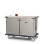 The Metro CaseVue CV48LS-5BFH-S1 Surgical Case Cart, in grey with a metallic finish and blue swing-up handles, features 5th wheel steering and colored flags. Measuring 57.5W x 28D x 40.625H, it includes a green lock panel and is ideal for efficiently transporting medical supplies.