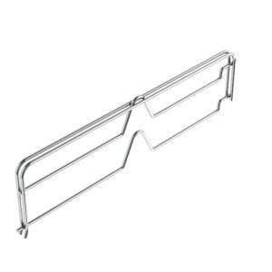 A chrome-plated metal pot lid holder with a minimalist design, characterized by clean lines and a rectangular frame to support and separate pot lids, resembles the Metro DCR17C Retainer for Metro Slanted Shelf Racks and Suture Carts. Displayed against a plain white background.