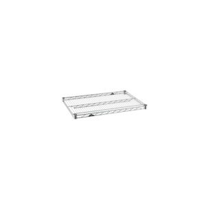 The Metro Super Erecta 2130NC Industrial Wire Shelf in chrome measures 21 x 30, featuring a grid pattern, durable construction with reinforced edges and crossbars. Viewed from an angle against a plain white background.