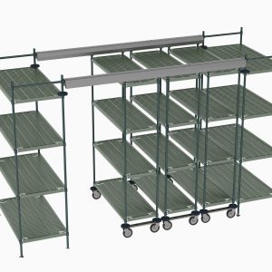 The Metro TT12-E2448M1848P kit includes green metal shelving units with adjustable, wheeled racks and a modular grid pattern. It features 48 Wide Super Erecta Pro Shelves connected by top bars.