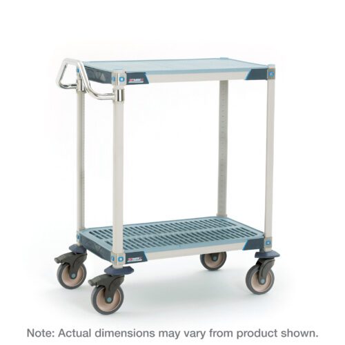 The MetroMax i MXUC2436FT-25L 2-shelf utility cart, measuring 24 W x 36 L x 39.25 H, features a blue and gray design with sturdy casters and a handle for easy maneuverability. It has a solid top shelf mat to complement its open slatted shelves, though dimensions could differ from those shown.