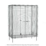 The Metro SEC35CQ qwikSLOT Stationary Security Shelving Unit is a large, rectangular metal cage with a secured latch and mesh grid design. Elevated on short legs, it appears empty. Note at the bottom reads: Note: Actual dimensions may vary from product shown. Dimensions: 21.5 x 50.5 x 66.8125.