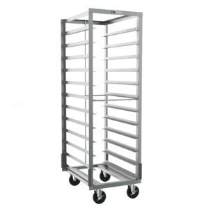 The Metro RD23NA37A120 features a tall metal frame with multiple shelves, 5 slide spacing, and four black caster wheels. It includes gray corner bumpers for protection and measures 22 x 30 x 69.75, perfect for holding trays or pans in a commercial kitchen.