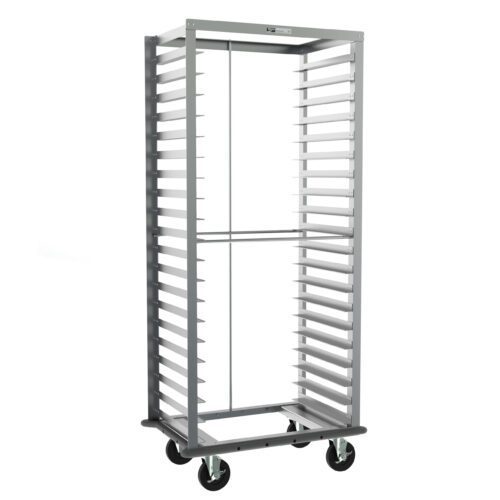 8l6hn3764ho5ejk7l5sq0arbt203xlbm.jpg The Metro RD33NA33A120 Side-Load Pan Rack, featuring a gray continuous bumper and pan stop, has a sturdy metal frame with multiple shelves on wheels. Its 3 slide spacing ensures efficient tray storage and transport, measuring 26.375 x 20.625 x 69.25.