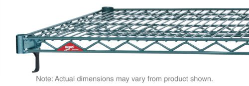 The Metro Super Adjustable Super Erecta A1842NK3 Industrial Wire Shelf, 18 x 42, features a grid pattern and corner hook, finished in Metroseal Green Epoxy. It also has a red triangular sticker showing the Metro brand. Note: Actual dimensions may vary.