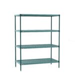 The Metro PR-186063K3-S-4 Shelving Unit, measuring 18x60x63, sports a green metal frame with four perforated shelves and removable plastic mats, fitting perfectly against a plain white backdrop for diverse settings.