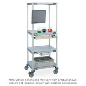 The Metro HPLC4X3 MetroMax i 4-Shelf Double HPLC Experiment Cart is a tall metal utility cart with four shelves to hold a monitor, keyboard, liquid containers, and a divided container for small items. It has wheels but no casters. Size variance and optional accessories are available.