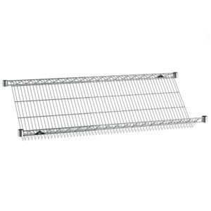 The Metro 1848DNC Super Erecta Slanted Shelf, 18 x 48, is a sleek metal wire wall-mounted drying rack with horizontal wires and an angled slope for drying dishes or clothes. It is securely supported by brackets on each side.