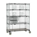 The Metro ECM55XD Cart, 24 x 48, features a stainless steel bottom shelf and polished metallic finish with five wire shelves, wheels, and three gray bins with four dividers on the middle shelf.