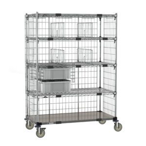 The Metro ECM55XD Cart, 24 x 48, features a stainless steel bottom shelf and polished metallic finish with five wire shelves, wheels, and three gray bins with four dividers on the middle shelf.