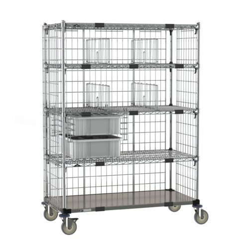 The Metro ECM55XD Cart, 24 x 48, features a stainless steel bottom shelf and polished metallic finish with five wire shelves, wheels, and three gray bins with four dividers on the middle shelf.