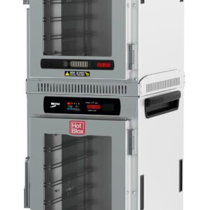 The Metro HBCN16-DC-M HotBlox is a dual-cavity, 16-pan mobile holding cabinet with a clear door and digital touchscreen controller. Each unit runs at 875W and 60Hz, ideal for keeping food warm in catering settings.